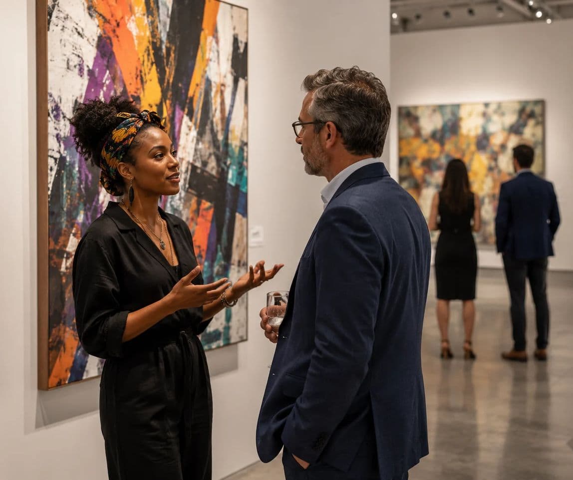 Two people in conversation in front of an abstract painting in a gallery