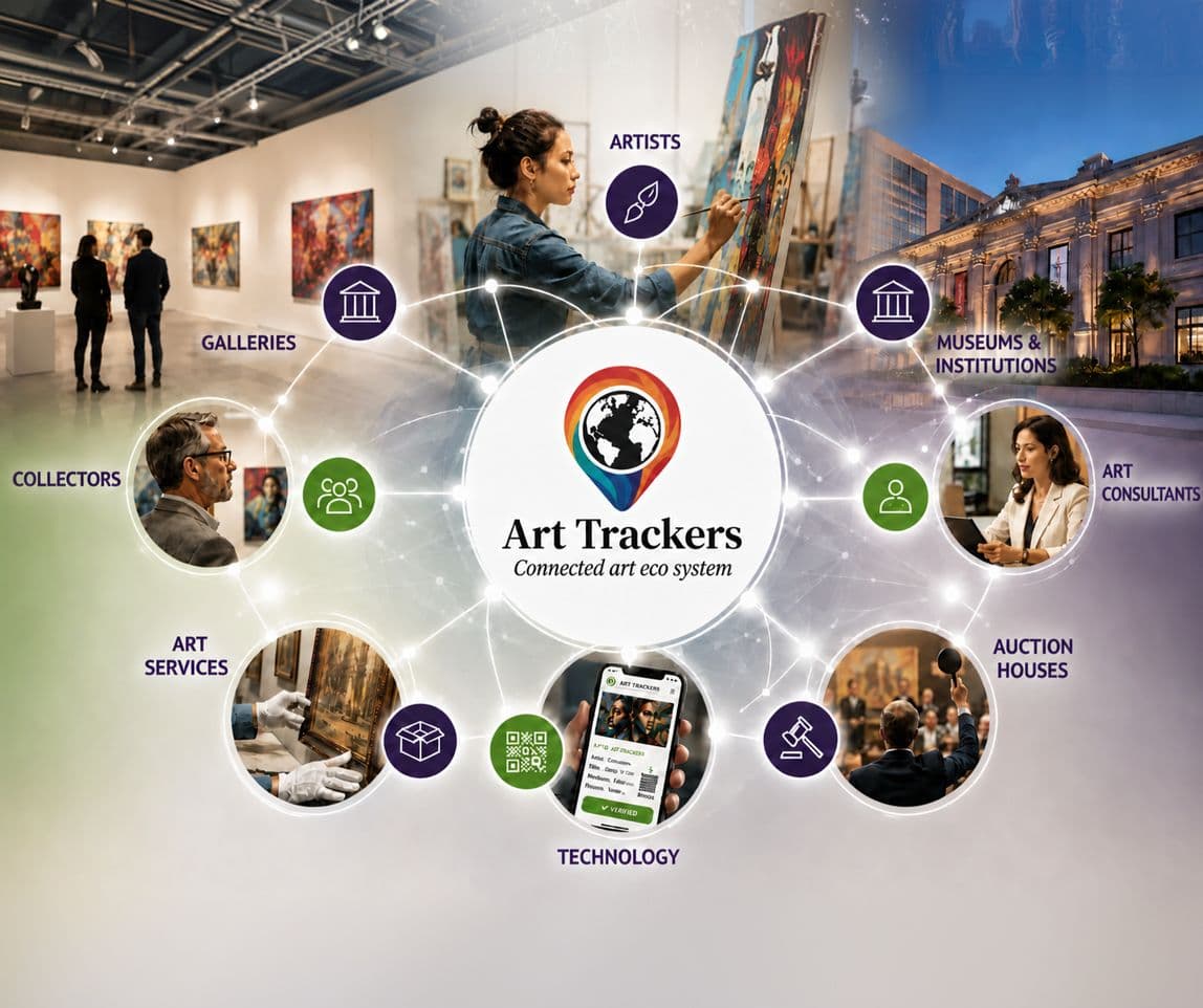 The Art Trackers connected art ecosystem: galleries, collectors, artists, museums, auction houses, and technology