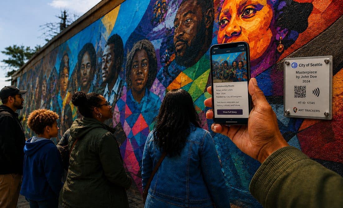 Two people scanning a mural with a phone to read its Art Trackers record
