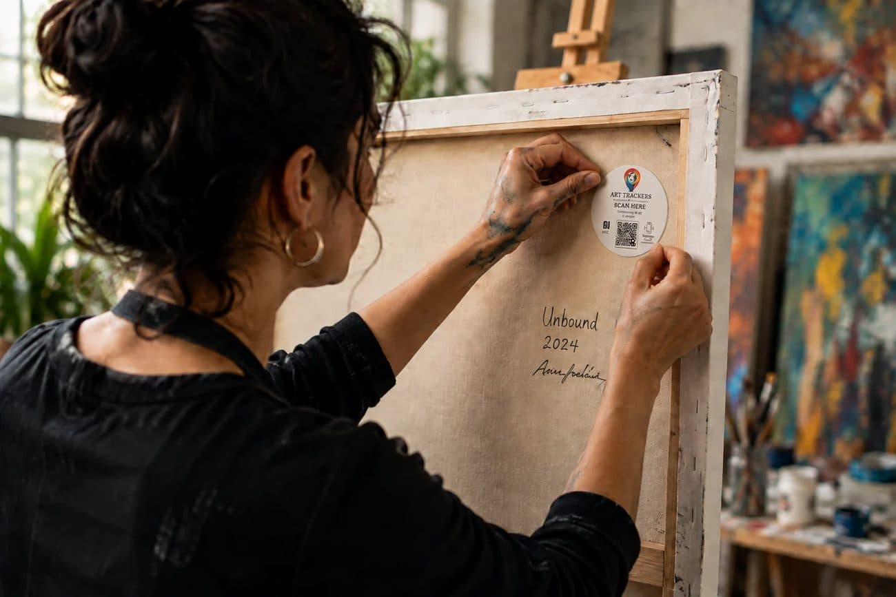 An artist attaching an Art Trackers tag to the back of a canvas