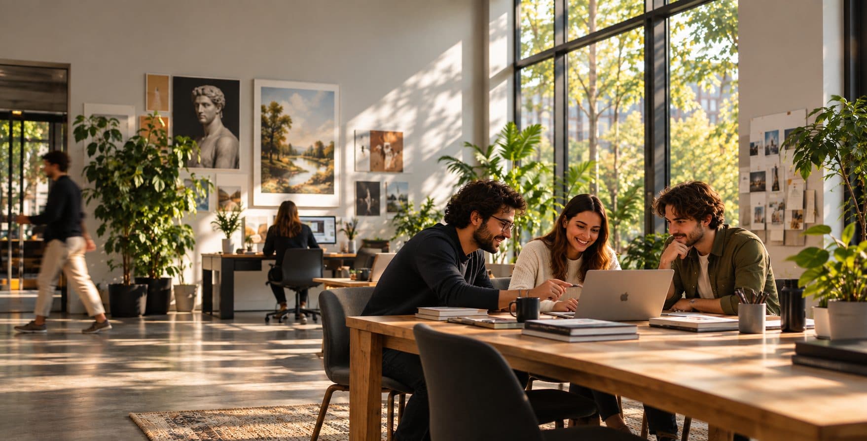 Three colleagues working together at a laptop in a bright studio
