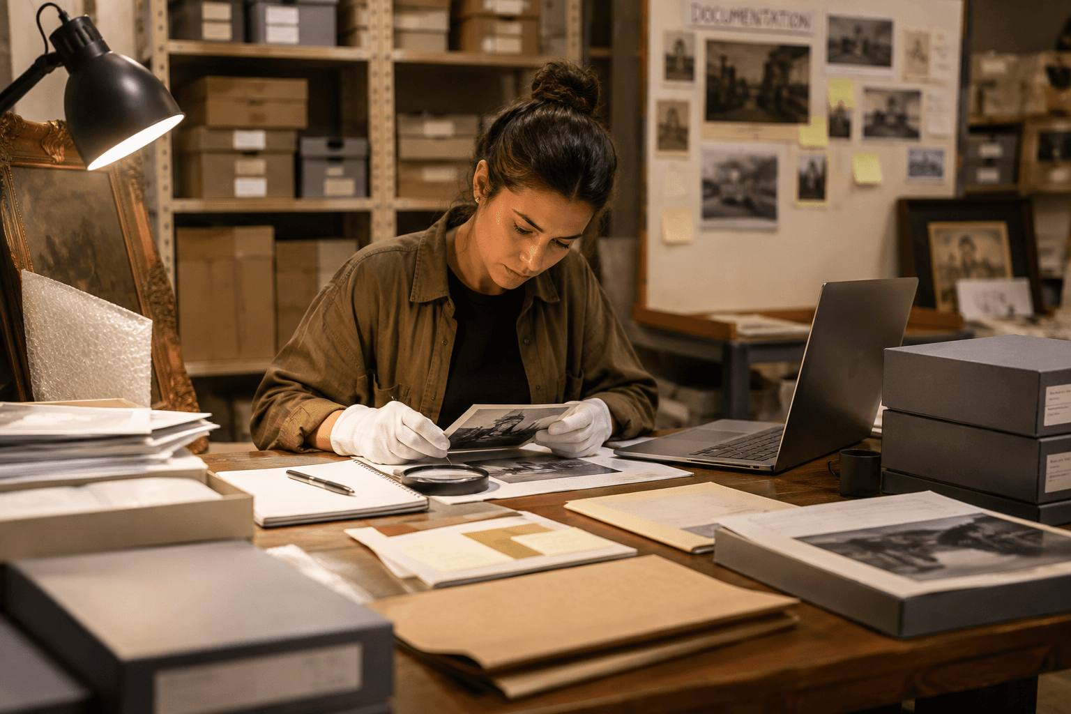 An archivist examining a photograph with a magnifier