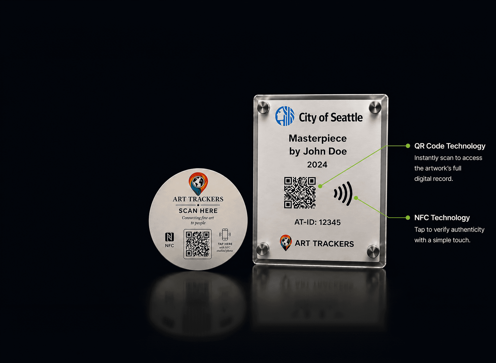 An Art Trackers plaque and NFC disc, annotated with QR Code Technology and NFC Technology callouts