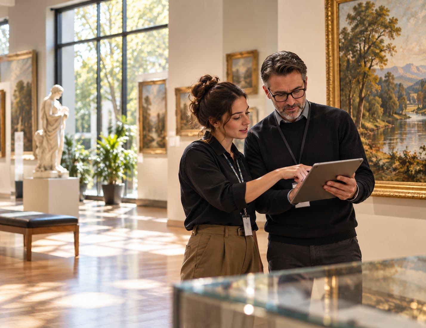 Two colleagues reviewing a tablet in a gallery