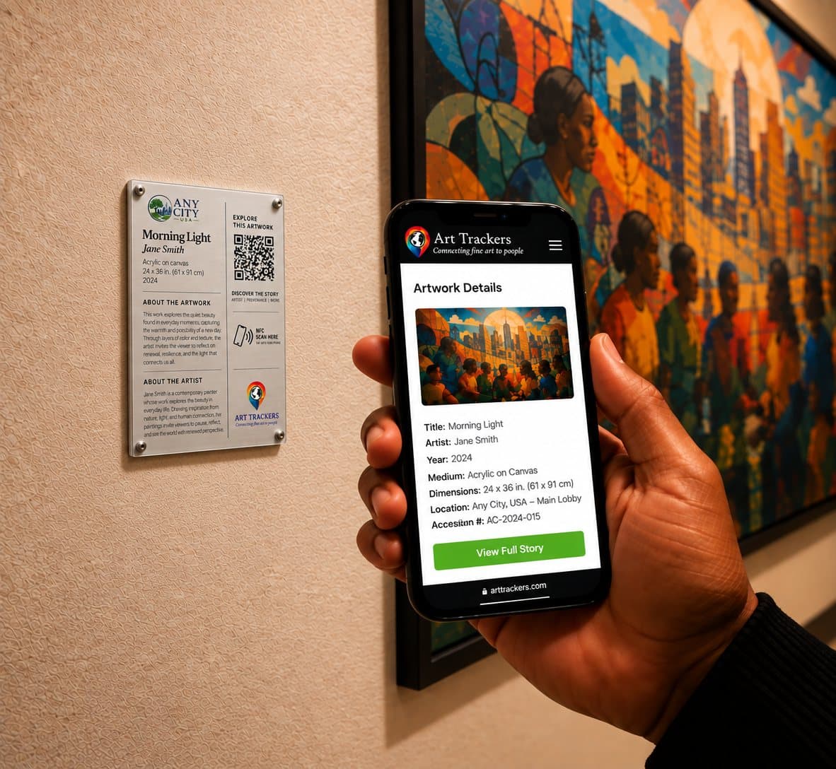 A visitor tapping a phone on an Any City wall plaque beside a mural