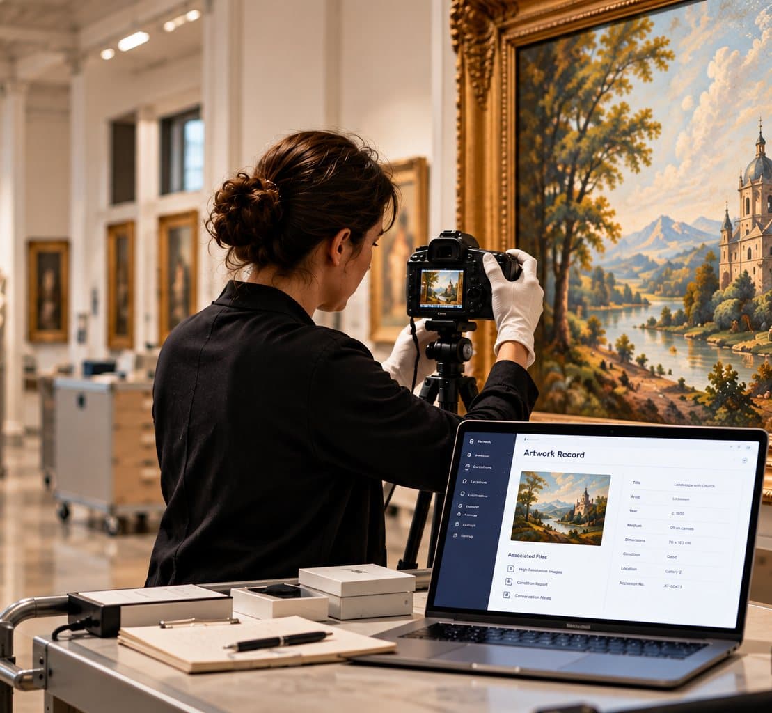 An artist photographing a framed painting beside a laptop showing its artwork record
