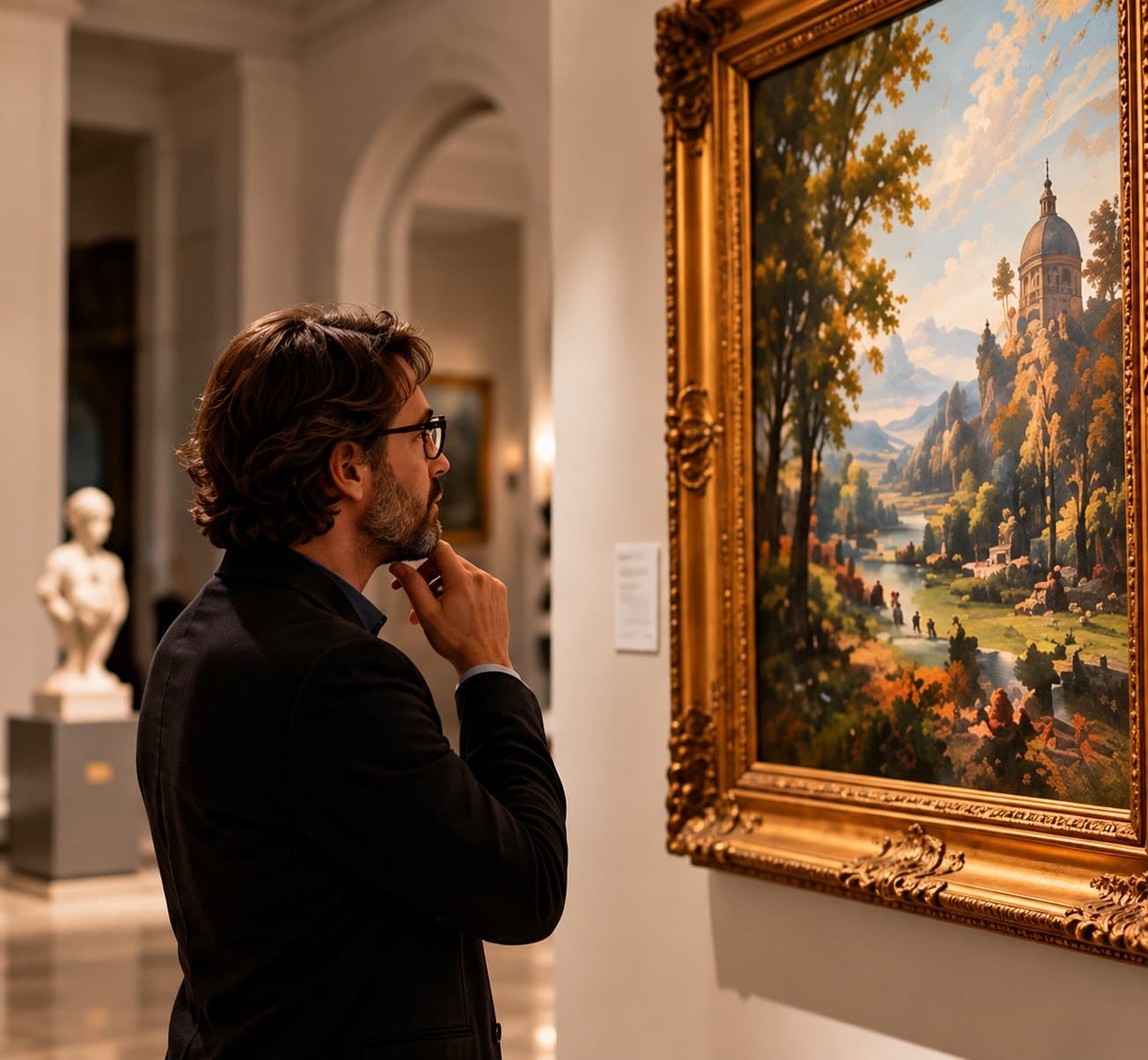 A collector studying a landscape painting in a gilded frame