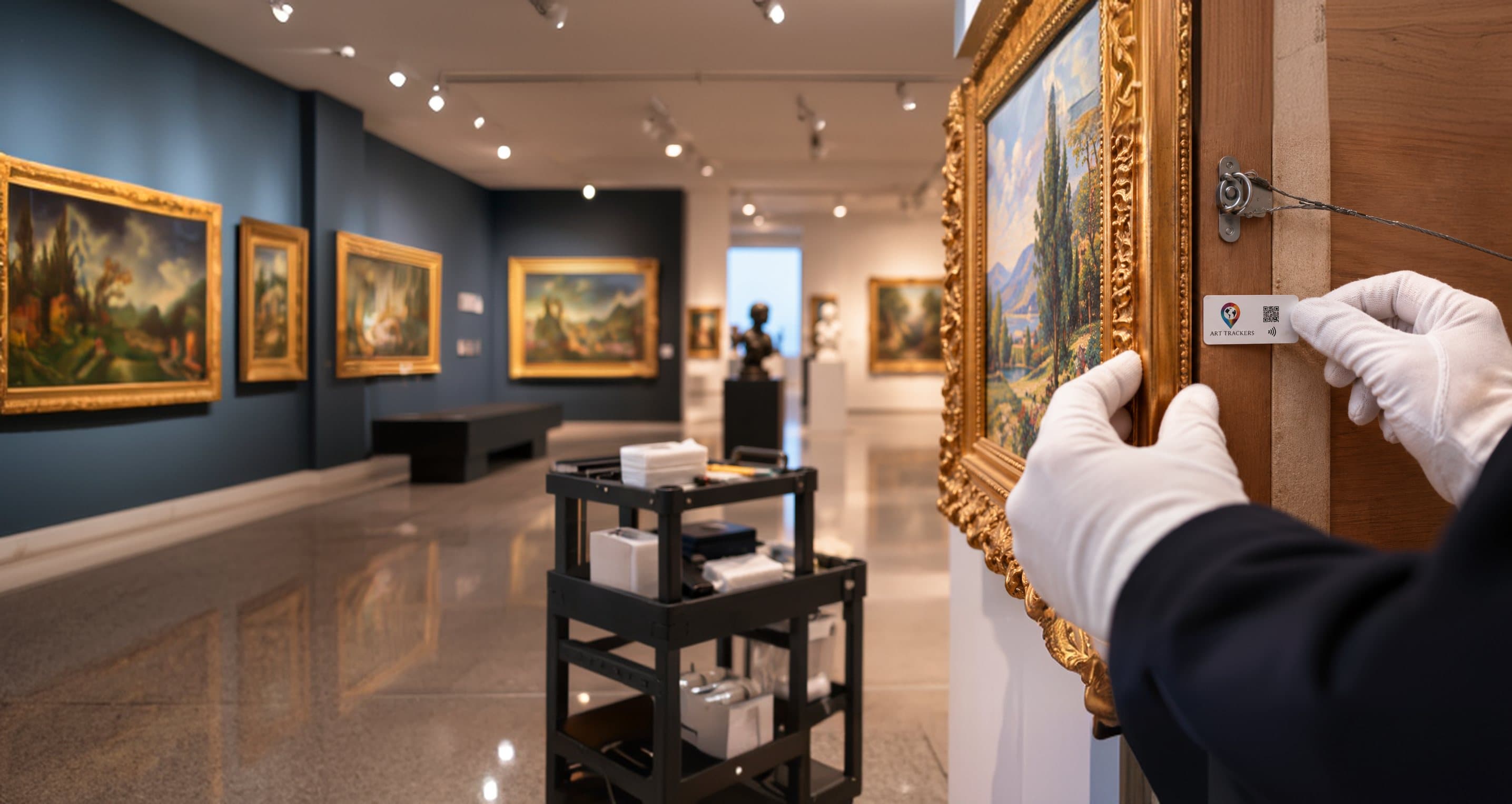 White-gloved hands fixing an Art Trackers tag beside a gilded painting frame in a gallery