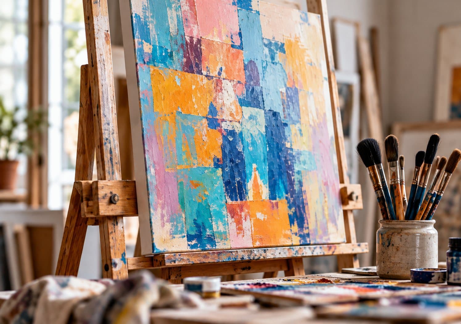 A colourful abstract painting on an easel with brushes