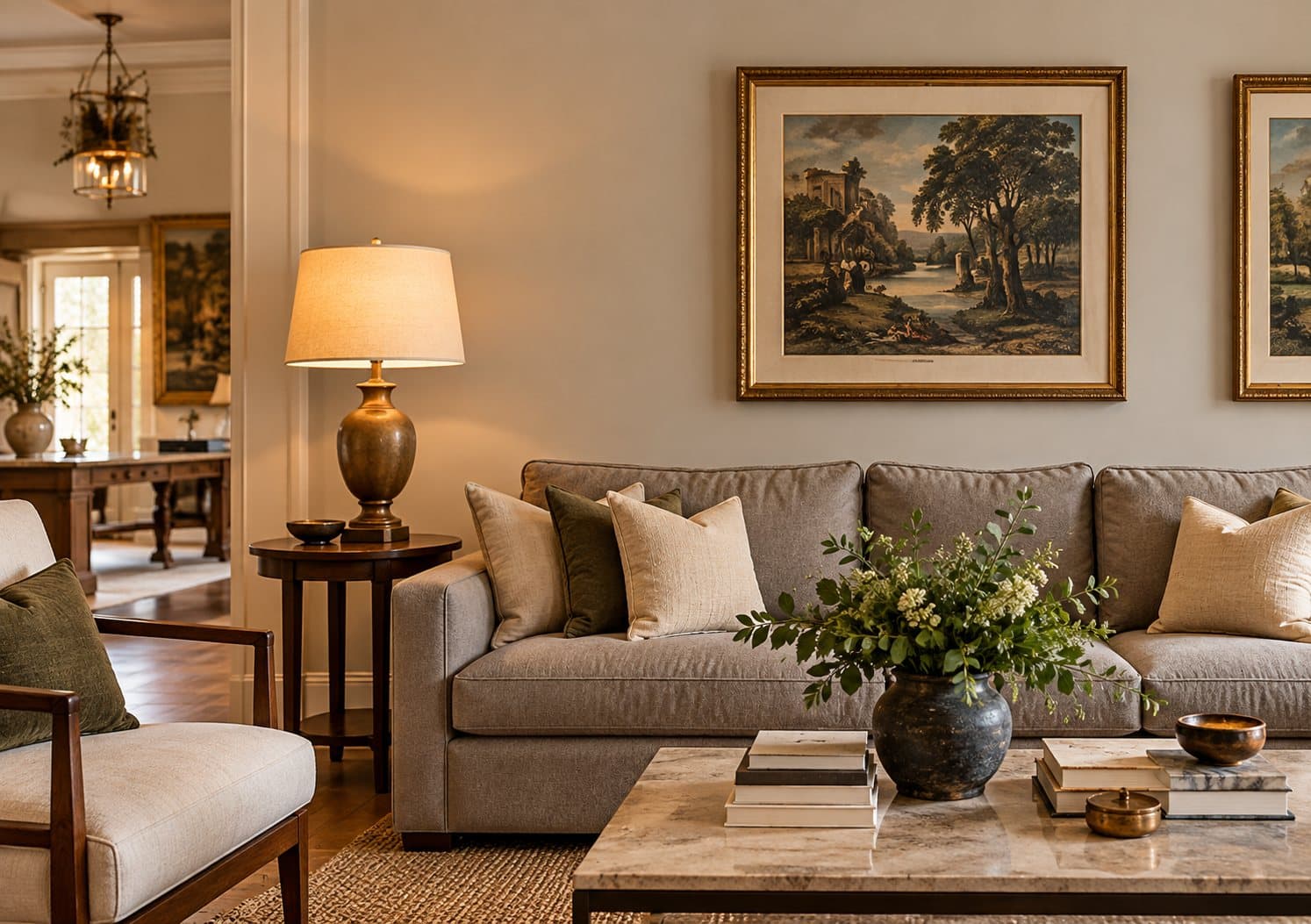 A living room hung with framed paintings