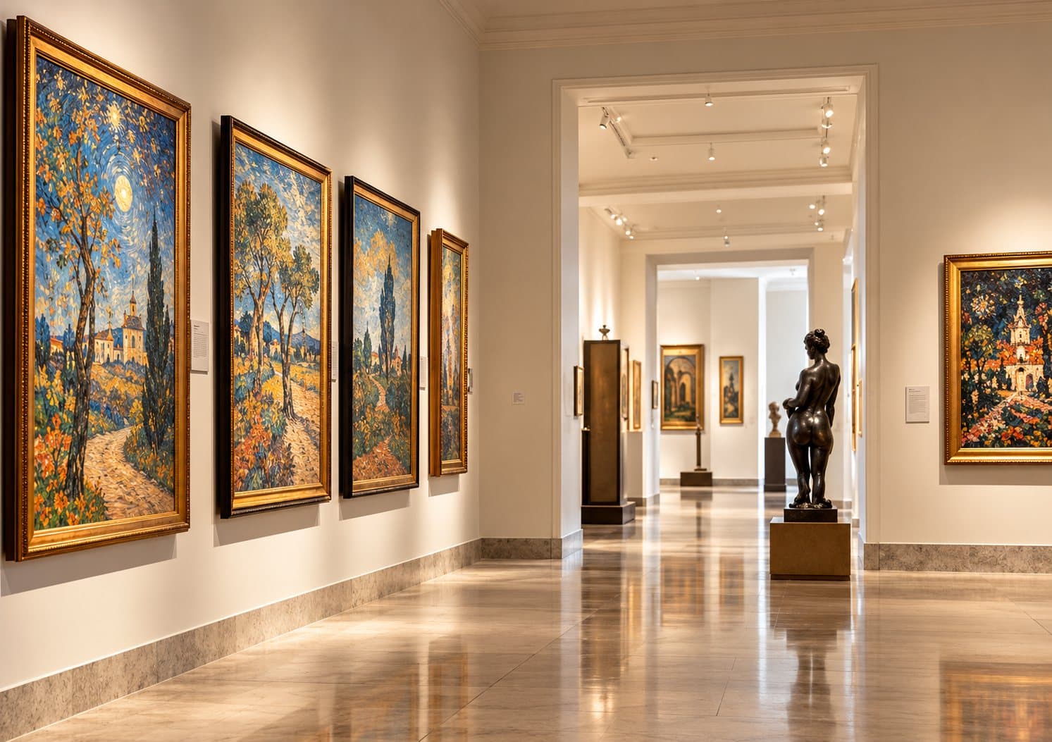 A gallery corridor hung with framed paintings