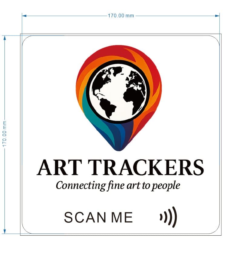 White Art Trackers outdoor smart plaque with SCAN ME