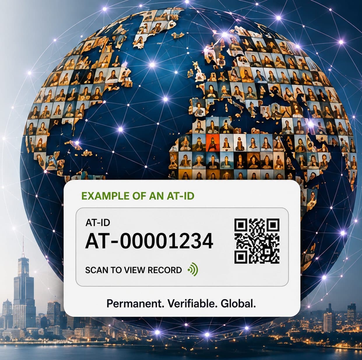 A globe made of artwork thumbnails beside an example AT-ID card reading AT-00001234