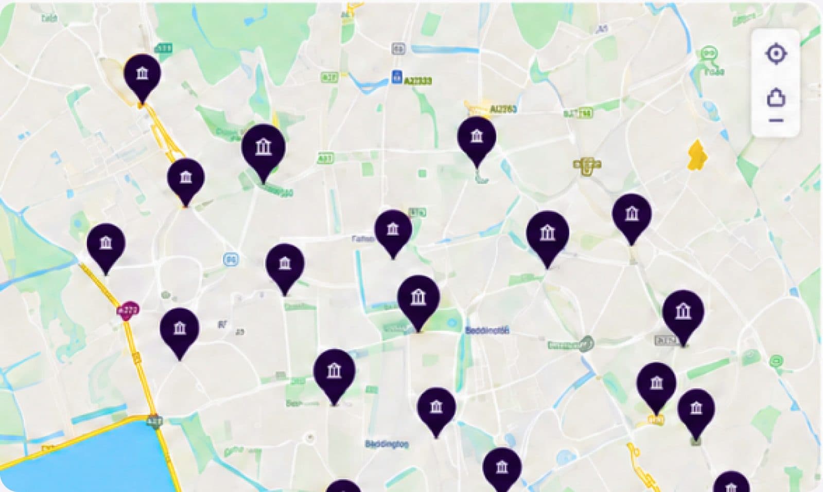 A city map dotted with artwork location pins