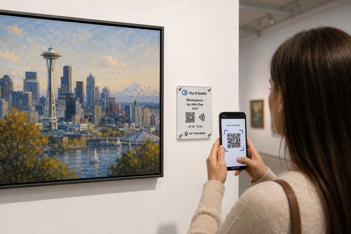 A visitor scanning an Art Trackers plaque beside a framed painting in a gallery