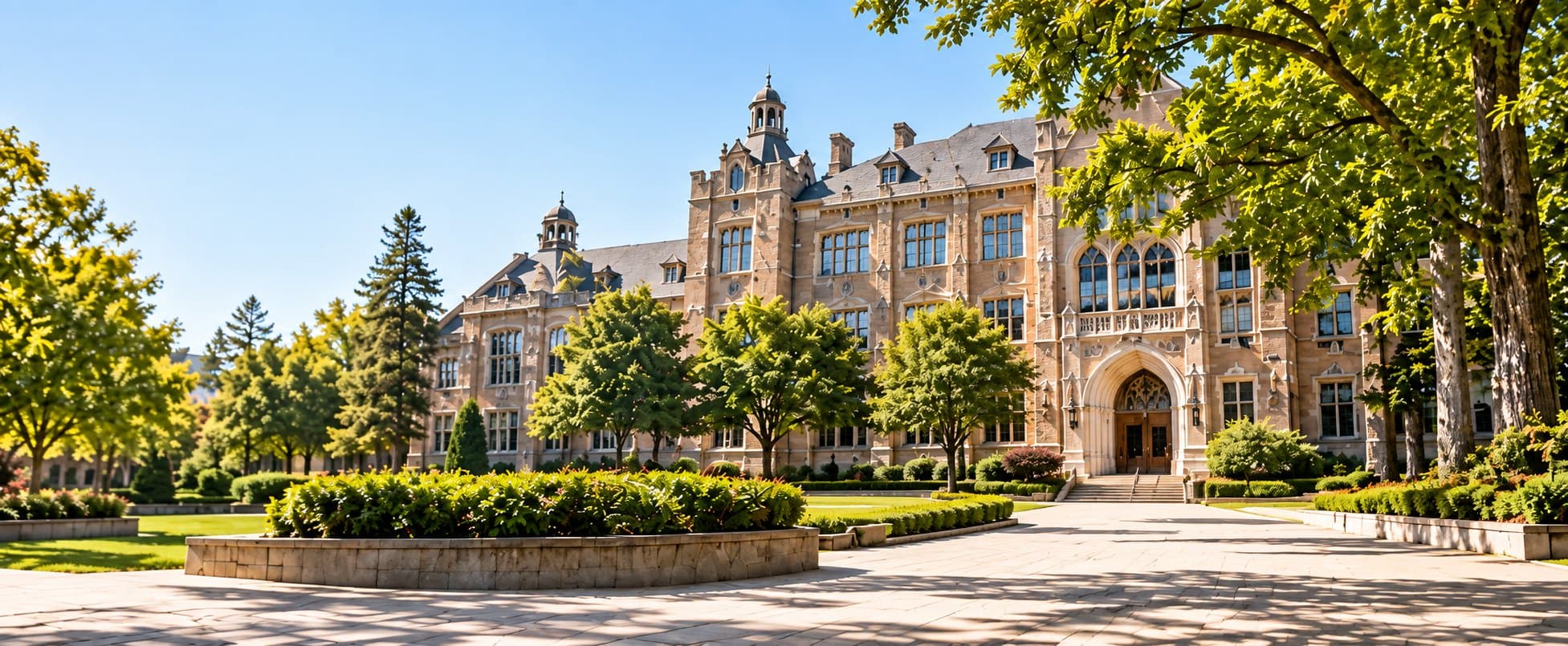 A historic university building and quad on a summer day