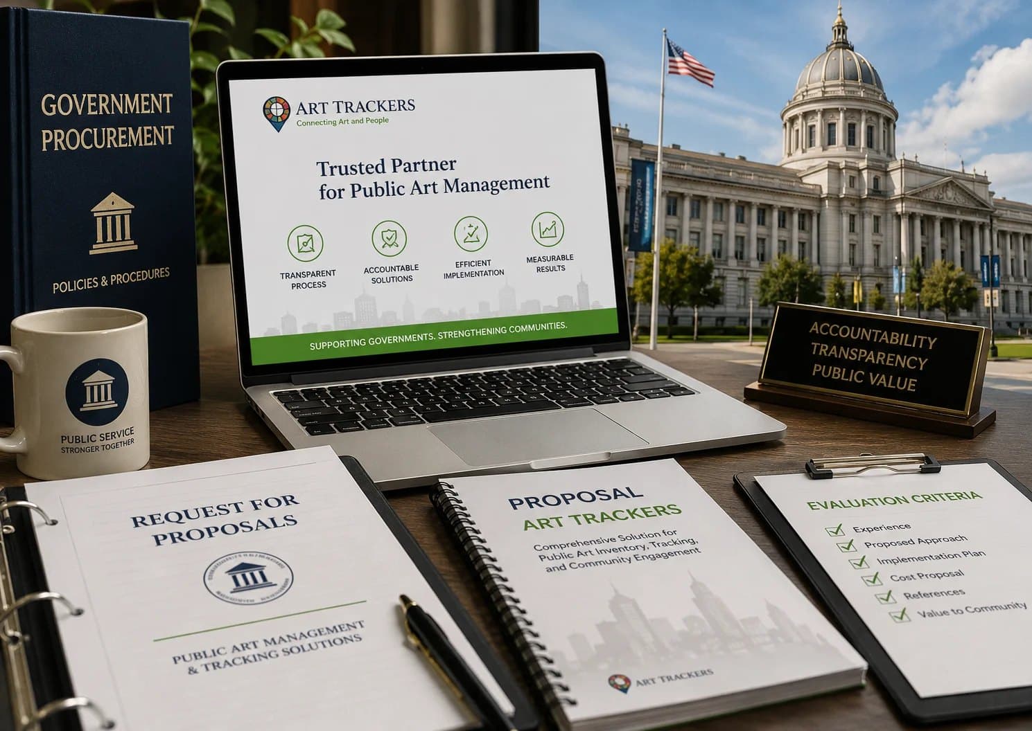 Procurement documents and a proposal beside a laptop