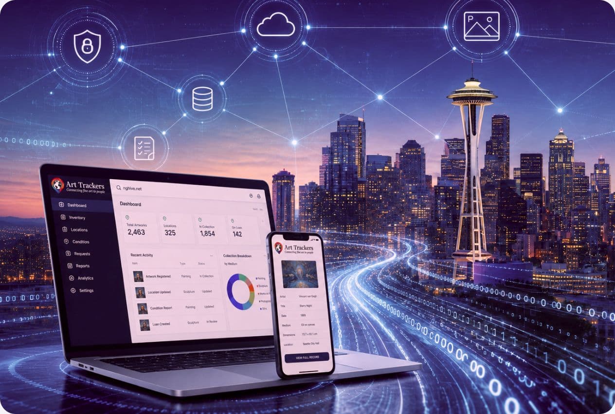 The Art Trackers dashboard on a laptop and phone against a city skyline
