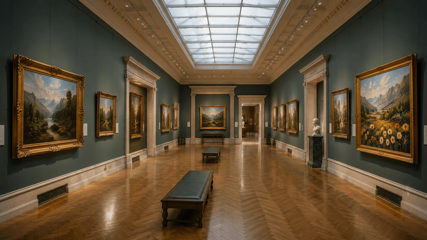 Grand gallery with landscape paintings and skylight