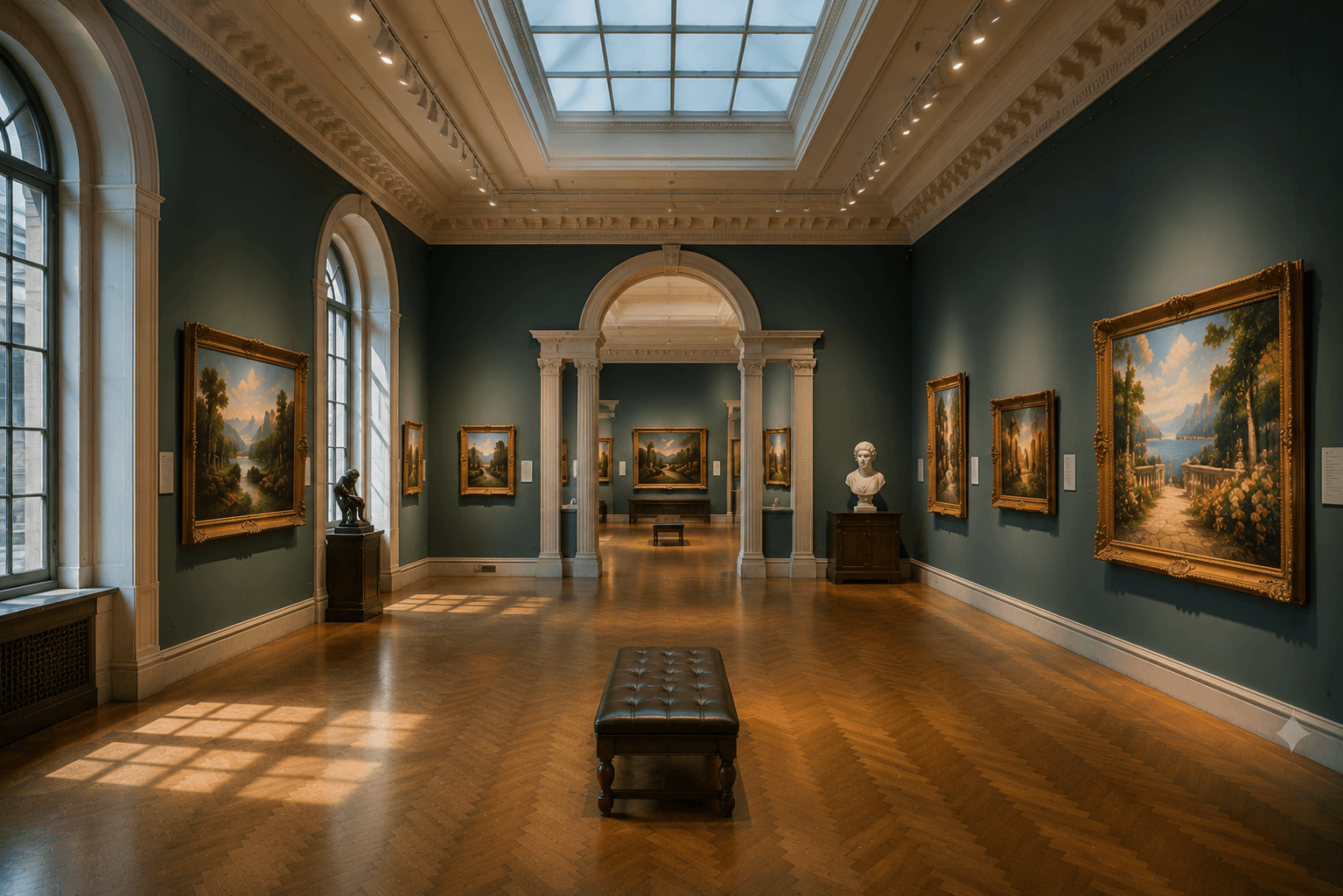 Elegant gallery with arched doorway and natural light